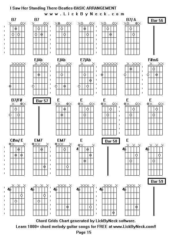 Chord Grids Chart of chord melody fingerstyle guitar song-I Saw Her Standing There-Beatles-BASIC ARRANGEMENT,generated by LickByNeck software.